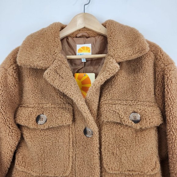 SOLD-C&C California Sherpa Shacket NWT Womens Size S Long Button Front Brown - Picture 6 of 13